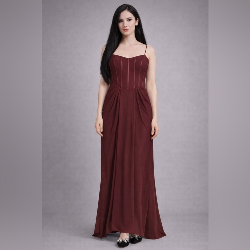 Fashion Burgundy Corset Bodice Draped Maxi Dress Elegant Evening Gown Size 12